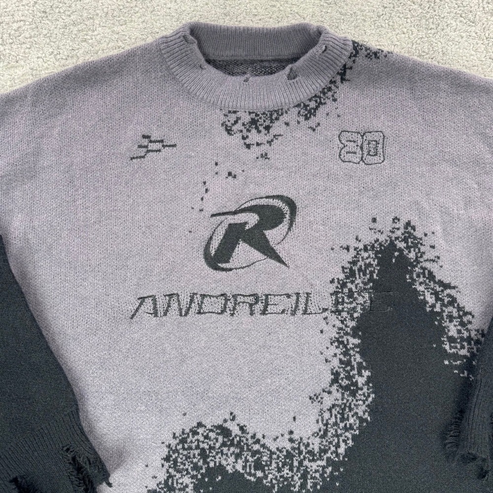 Andreil Distressed Knit Sweater Gray Black Streetwear Graphic Crewneck Large - Picture 8 of 8